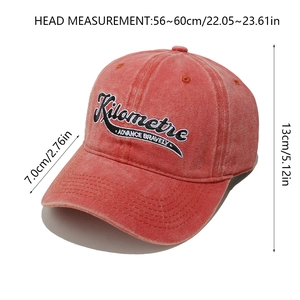 Size specifications and measurements of washed cotton baseball cap with letter embroidery