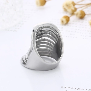 Detailed close-up of multilayer hollow lines design in silver stainless steel ring