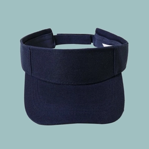 Detail of adjustable velcro closure on navy blue wide brim breathable sun visor hat