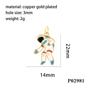 Detailed dimensions of gold-plated astronaut pendant with white enamel finish