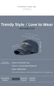 Detail of vintage washed cotton baseball cap featuring high-quality gold letter embroidery