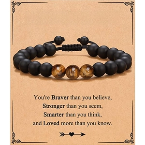 Tiger eye and matte black stone beaded bracelet with motivational gift card for men