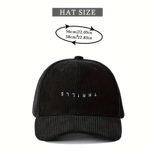 Detailed size guide for black corduroy baseball cap with THRILLS embroidery 56-58cm