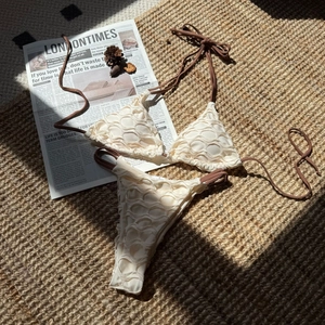 Bikini Sexy Pour Femmes Haut Licou Et Bas Texture Maille Ajourée Tenue De Plage À Lacets Dos Nu Maillot De Bain Été