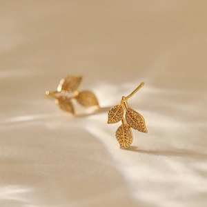 18K gold plated vintage leaf stud earrings with sparkling white zircons for women