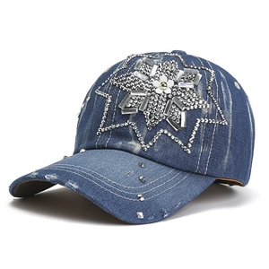 Rhinestone Star Denim Baseball Cap Distressed Washed Cotton Sun Hat For Women Fashion Streetwear Y2K Adjustable Blue