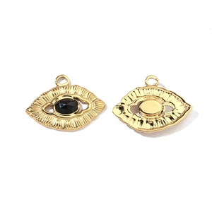 Detailed front and back views of gold evil eye pendants with central black gemstone inlay