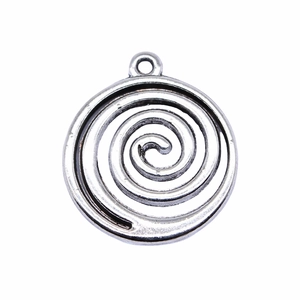 Antique silver 17x17mm spiral geometric pendant with circular swirl pattern and top loop