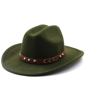 Detail of olive green wool fedora with brown studded leather band and metal accents
