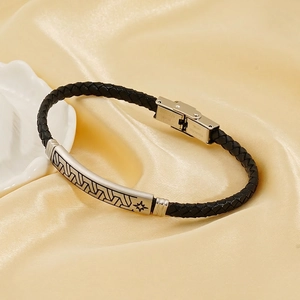 Herren Armband Geflochtenes Leder Edelstahl Geometrisches Sternmuster Vintage Punk Stil Schmuck Geschenk Für Ihn