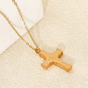 Classic 18K gold plated stainless steel cross necklace with a minimalist brushed finish