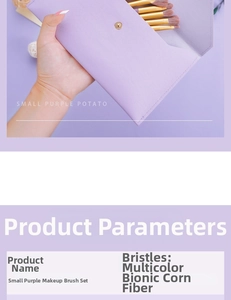 Detail view of purple makeup brush set with corn silk bristles and storage bag