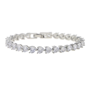 Detailed view of silver tennis chain featuring sparkling heart-shaped cubic zirconia stones