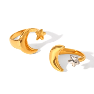Two-tone gold and silver stainless steel rings with celestial star and moon motifs