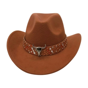 Detailansicht eines braunen Cowboyhuts aus Filz mit silbernem Stierkopf-Metallschmuck