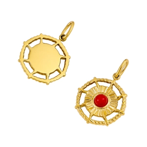 Detailed front and back view of gold sunburst pendant with red stone inlay and ring