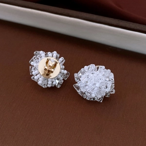 Detail view showing clear crystal cluster earrings with gold clip-on back mechanism