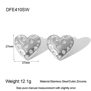 Detail view of heart-shaped stainless steel earrings with white cubic zirconia, 27mm size