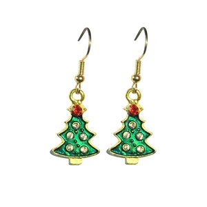 Detail of Christmas tree drop earrings with green enamel and sparkling rhinestones
