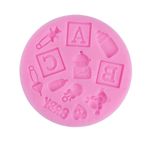 Pink silicone baby shower mold for fondant and chocolate with bear and bottle shapes