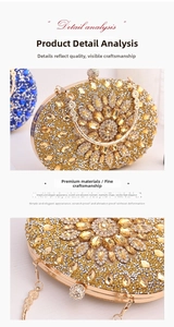 Detailed view of luxury rhinestone clutch bag with crystal buckle and gold chain strap