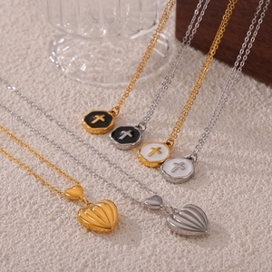 Textured heart and cross pendant necklaces in gold and silver stainless steel finish