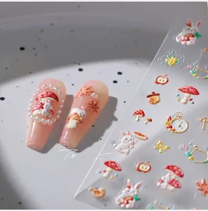 Detail of 3D forest autumn nail stickers with rabbits, mushrooms, and maple leaves