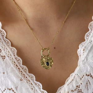 French vintage heart necklace in 18k gold plated steel with blue gemstone pendant