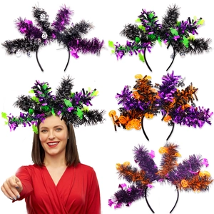 Collage of Halloween headbands with tinsel and skull pumpkin bat motifs on white base