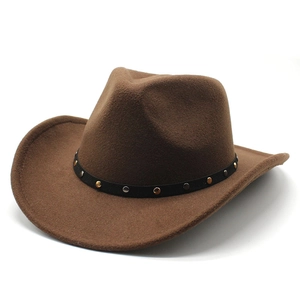 Classic dark brown wool felt cowboy hat with decorative studded black band on white background
