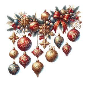 Christmas wall stickers with red and gold ornaments, pine needles and a large bow decor