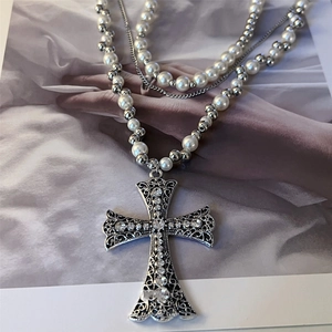 Gothic multi-layer pearl necklace with oversized rhinestone cross pendant for women