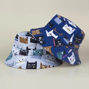 Cute cartoon cat print sun hat in navy blue and light grey canvas fisherman style