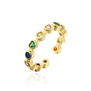18K gold plated open ring featuring colorful heart-shaped cubic zirconia gemstones