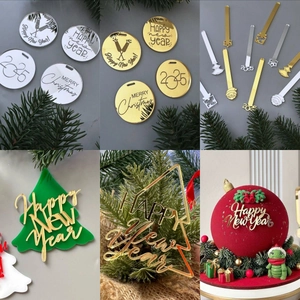 Acrylic Christmas Cake Topper Mirror Gold Silver Happy New Year Xmas Tree Cupcake Toppers Party Dessert Decoration Supplies