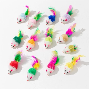 Set of 12 colorful plush mouse cat toys with natural feathers on a clean white background