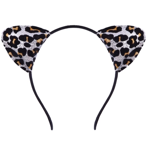 Detail of sequined cat ear headband featuring shiny three-color leopard pattern for parties