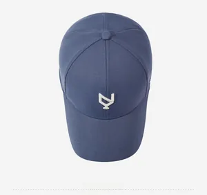 Top down view of navy blue cotton baseball cap with white embroidered 3D letter Y logo