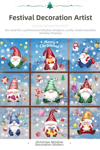 Détail de stickers de Noël pour fenêtres avec des gnomes, flocons et motifs festifs