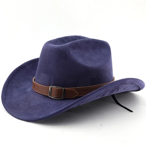 Detailansicht des verstellbaren Bands und des braunen Lederriemens am marineblauen Cowboyhut