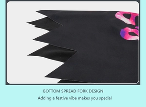 Detail showing the jagged bottom spread fork design on a black star print cape