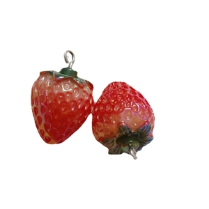 Realistic red resin strawberry pendant with green leaves and metal loop for DIY jewelry