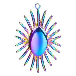 Macro detail of rainbow stainless steel sun pendant with vibrant iridescent finish