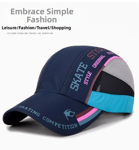 Close-up of quick-dry baseball cap with multi-color patchwork and skate style print