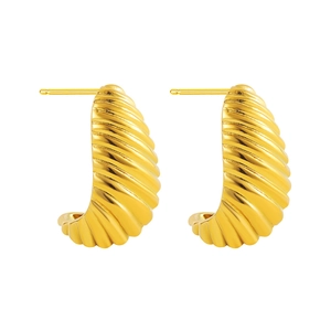 Close-up of 18K gold plated hoop earrings with creative shell texture and glossy finish