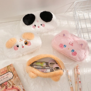 Cute plush animal pencil cases featuring panda and puppy designs for students