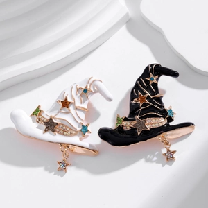 Vintage witch hat brooches with colorful stars and crystals in black and white enamel