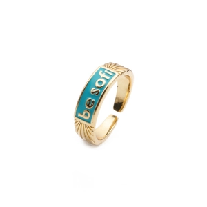 Minimalist adjustable gold plated ring with blue enamel and be soft letter engraving