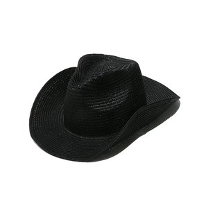 Macro shot of the black woven straw texture and curved brim of the classic cowboy hat