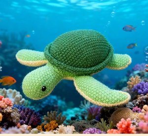 Detail of handcrafted crochet sea turtle toy with green knit shell in an ocean setting